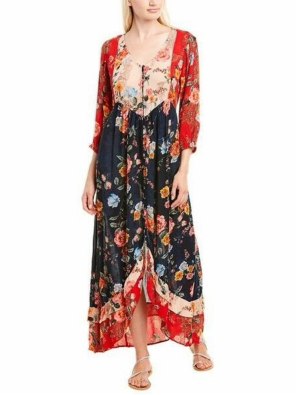 Bila Floral Boho Garden Patchwork High-Low Maxi Dress - Red & Navy - L
